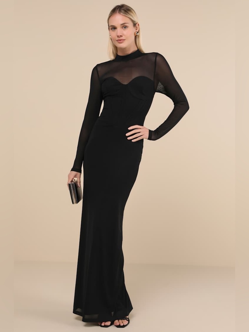 NEW Lulu's Sensational Appeal Black Mesh Cutout Long Sleeve Maxi Dress Size L